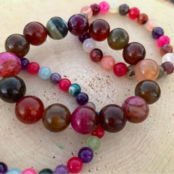 Natural Multi-Color Dyed Faceted Round Agate Gemstone Mixed Bead Bracelet Stack - Picture 12 of 13